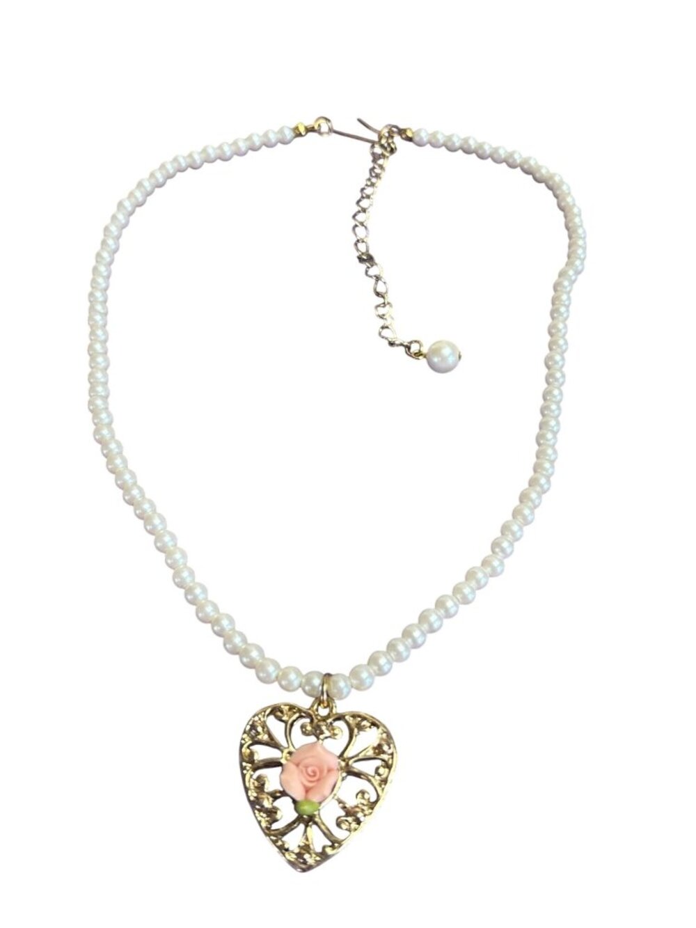 Plastic Bead Faux Pearl Necklace Goldtone Filigree Heart Pendant Porcelain Rose